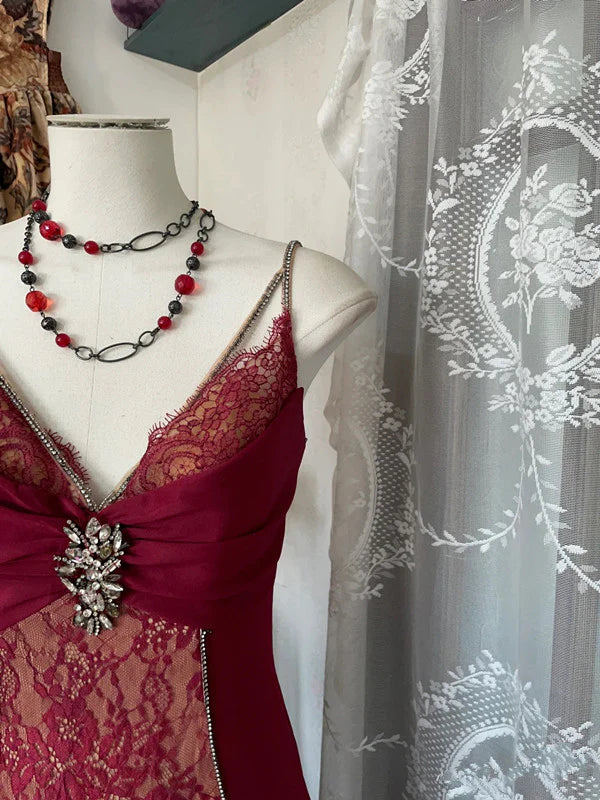 Elegant Burgundy V-neck Spaghetti Strap Lace Mermaid Prom Dress Evening Dress DP6326