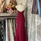 Elegant Burgundy V-neck Spaghetti Strap Lace Mermaid Prom Dress Evening Dress DP6326