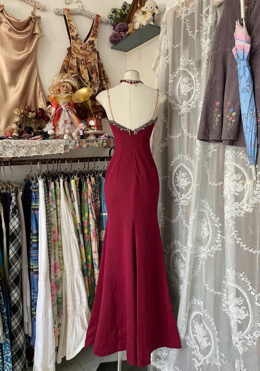 Elegant Burgundy V-neck Spaghetti Strap Lace Mermaid Prom Dress Evening Dress DP6326
