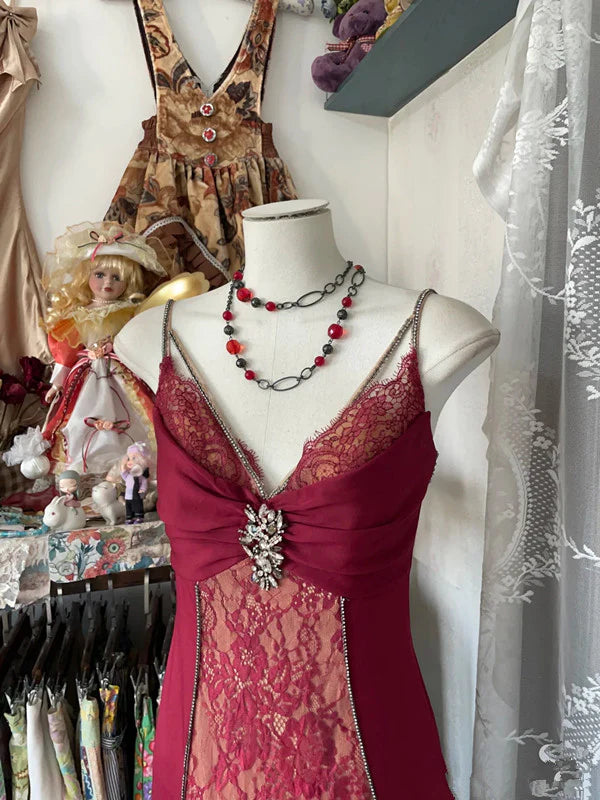 Elegant Burgundy V-neck Spaghetti Strap Lace Mermaid Prom Dress Evening Dress DP6326