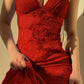 Vintage Embroidery Floral V-neck Spaghetti Strap A-Line Prom Dress Evening Dress DP6325