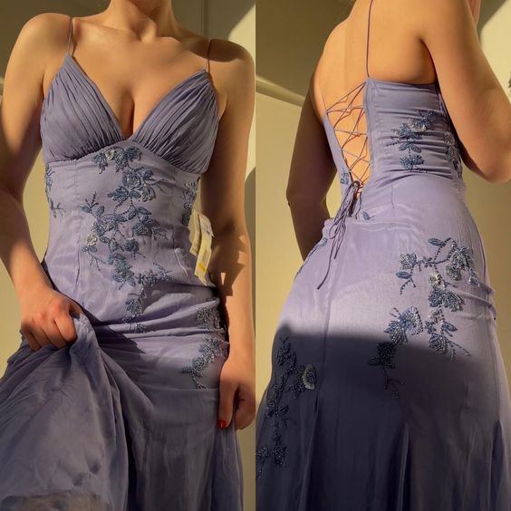 Vintage Embroidery Floral V-neck Spaghetti Strap A-Line Prom Dress Evening Dress DP6325