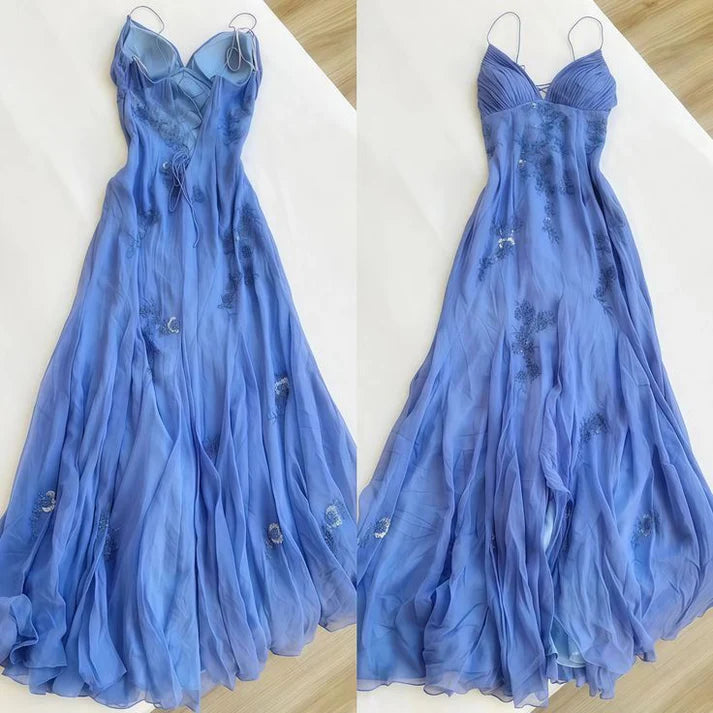 Vintage Embroidery Floral V-neck Spaghetti Strap A-Line Prom Dress Evening Dress DP6325