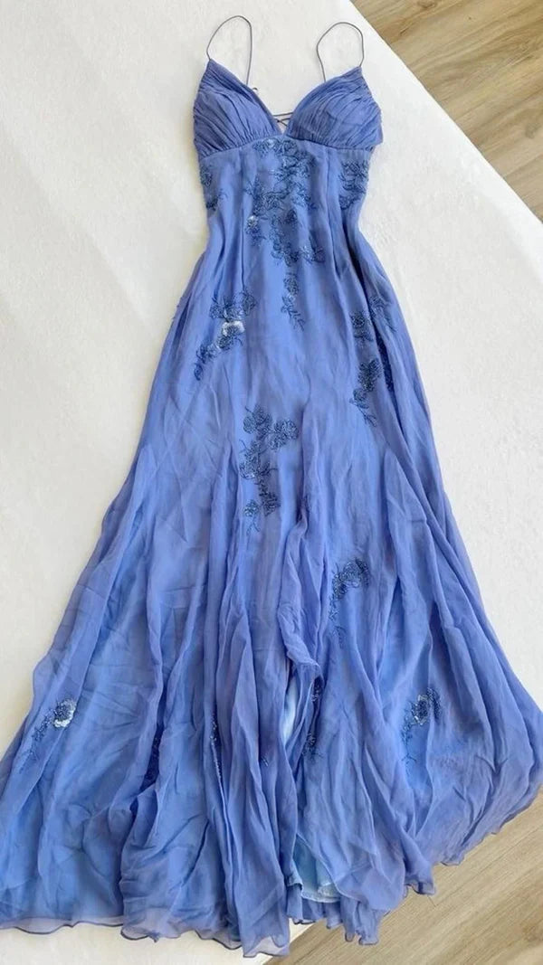 Vintage Embroidery Floral V-neck Spaghetti Strap A-Line Prom Dress Evening Dress DP6325