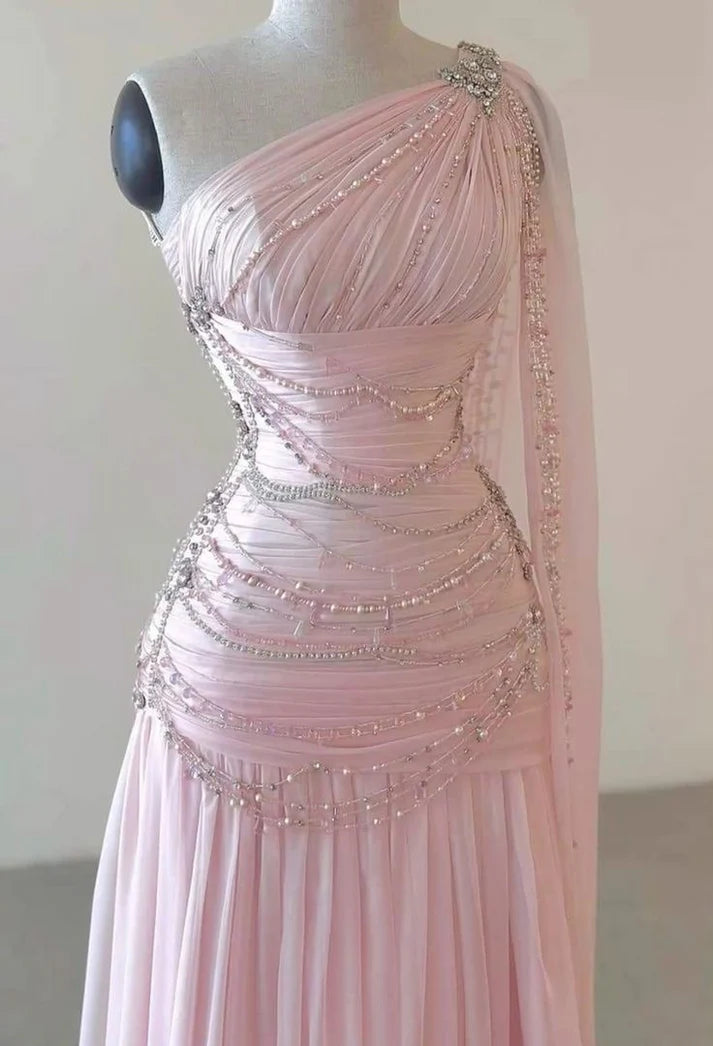 Vintage Glittering Beaded One-shoulder Prom Dress Evening Dress DP6321