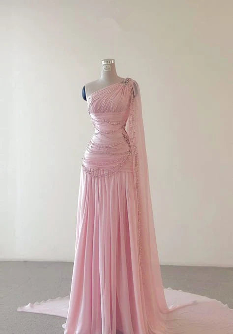 Vintage Glittering Beaded One-shoulder Prom Dress Evening Dress DP6321