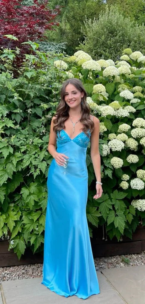 Enchanting Blue V-neck Spaghetti Strap Prom Dress Evening Dress DP6323