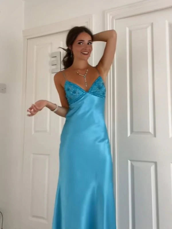 Enchanting Blue V-neck Spaghetti Strap Prom Dress Evening Dress DP6323