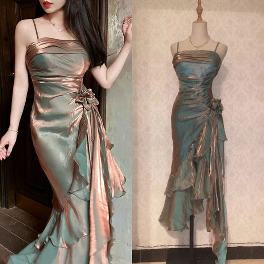 Vintage Elegant Spaghetti Strap Mermaid Ruffles Prom Dress Evening Dress DP6331