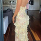 Vintage Floral Spaghetti Strap Ruffles Mermaid Chiffon Long Prom Dress Evening Dress DP6337