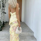 Vintage Floral Spaghetti Strap Ruffles Mermaid Chiffon Long Prom Dress Evening Dress DP6337