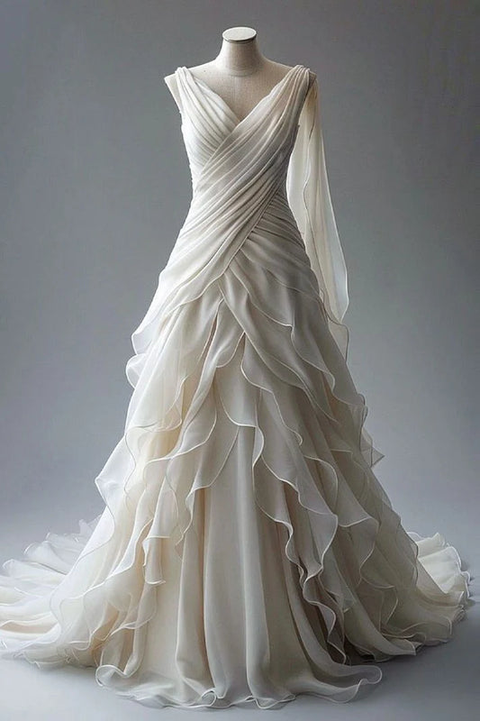 Vintage weißes V-Ausschnitt Rüschen Design schöne A-Linie Chiffon Brautkleid, DP6121