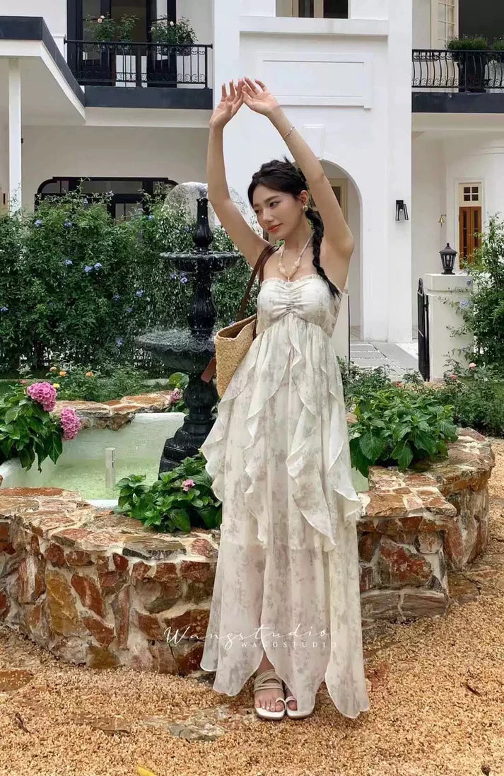 Floral Ruffle Design Halter Dress Elegant A-line Chiffon Evening Party Dress DP6129