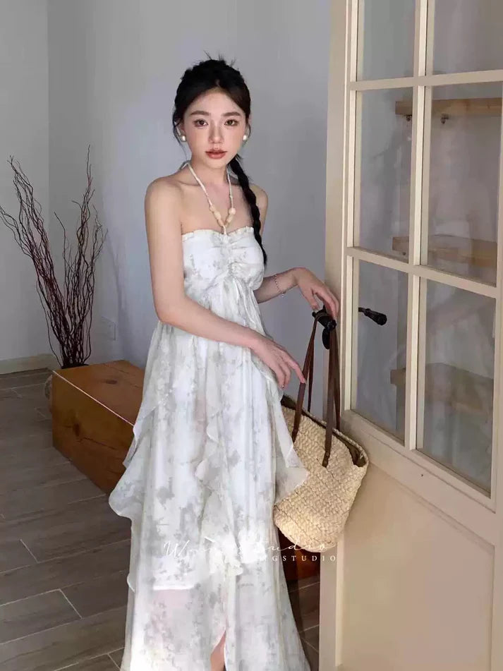 Floral Ruffle Design Halter Dress Elegant A-line Chiffon Evening Party Dress DP6129