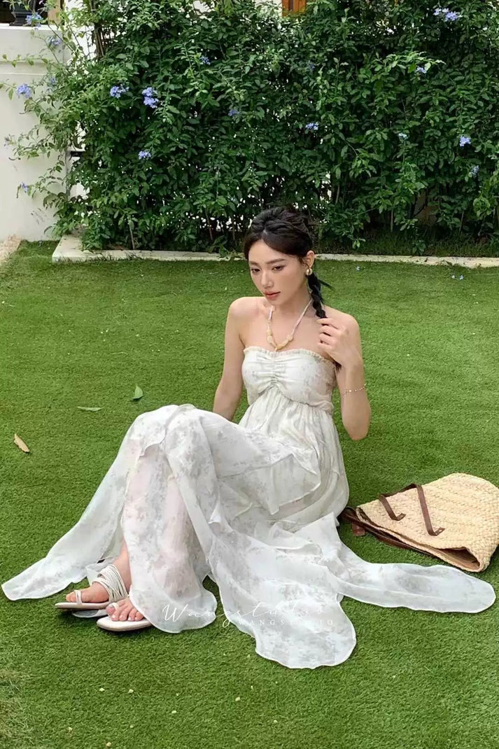 Floral Ruffle Design Halter Dress Elegant A-line Chiffon Evening Party Dress DP6129