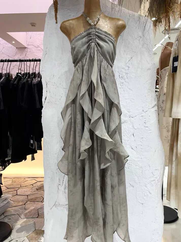 Floral Ruffle Design Halter Dress Elegant A-line Chiffon Evening Party Dress DP6129
