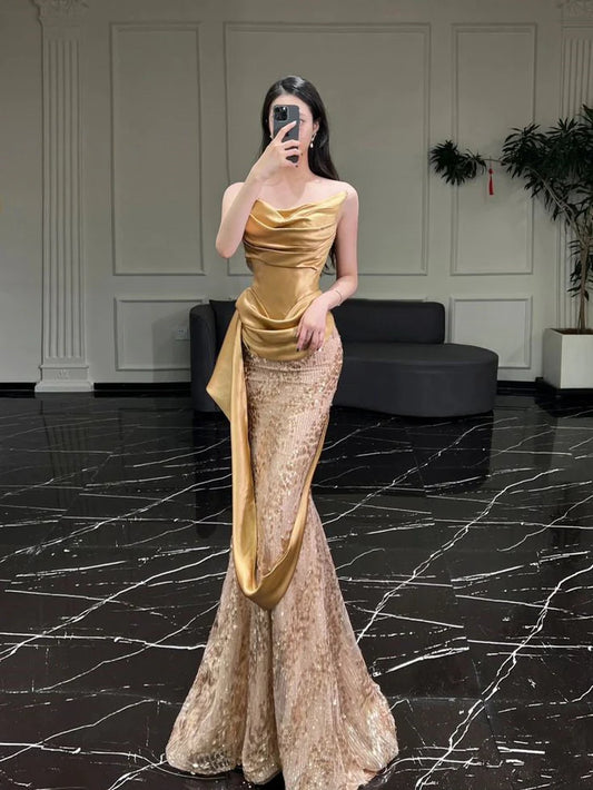 Gorgeous Sparkling Golden Cowl Neck Strapless Mermaid Prom Dress Evening Dress DP6351
