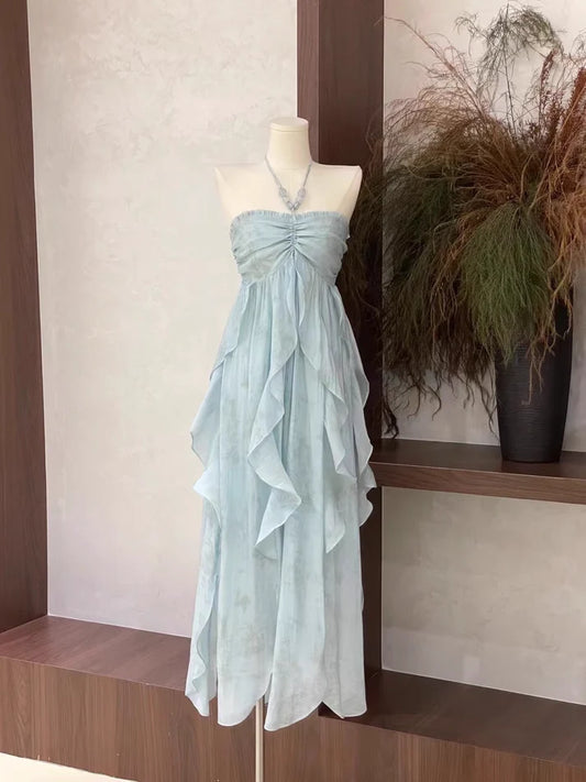 Floral Ruffle Design Halter Dress Elegant A-line Chiffon Evening Party Dress DP6129