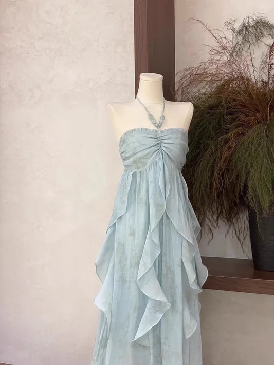 Floral Ruffle Design Halter Dress Elegant A-line Chiffon Evening Party Dress DP6129