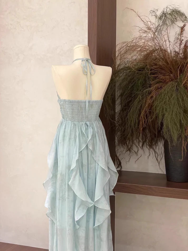 Floral Ruffle Design Halter Dress Elegant A-line Chiffon Evening Party Dress DP6129