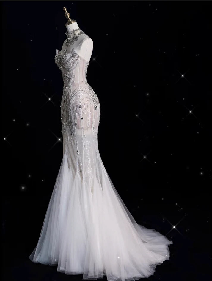 Robe de mariée sirène vintage sans bretelles, motif sirène, ornée de perles scintillantes, DP6116