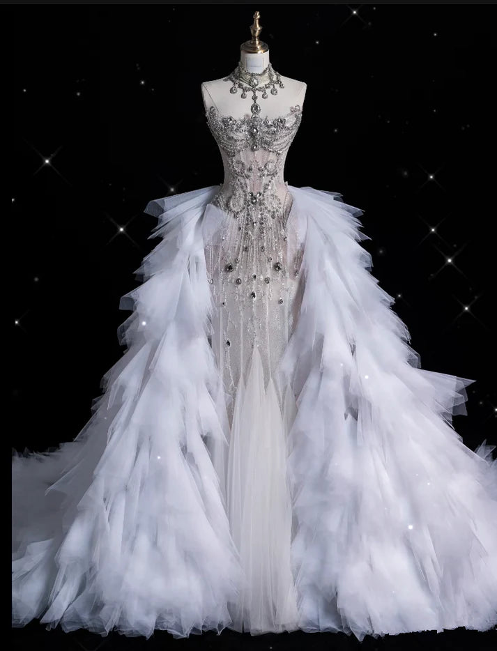 Robe de mariée sirène vintage sans bretelles, motif sirène, ornée de perles scintillantes, DP6116