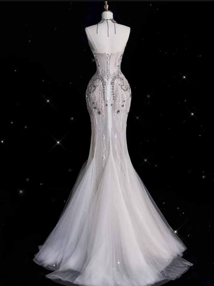 Robe de mariée sirène vintage sans bretelles, motif sirène, ornée de perles scintillantes, DP6116