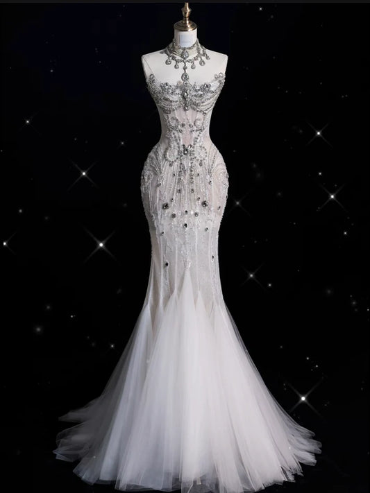 Trägerloses Prinzessinnen-Brautkleid im Meerjungfrauen-Design mit funkelnden Perlen im Vintage-Stil, DP6116