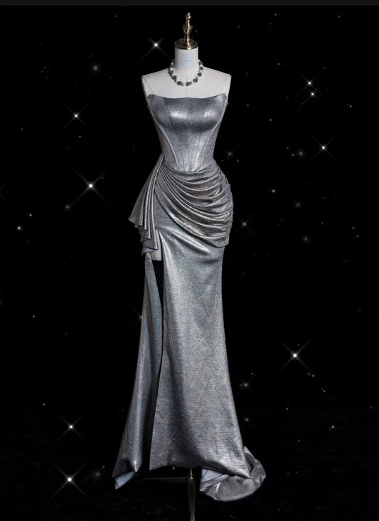Retro Silvery Strapless Mermaid High Slit Prom Dress Evening Dress DP6352
