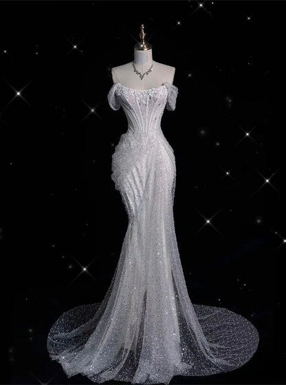 Elegantes, funkelndes, schulterfreies Prinzessinnen-Brautkleid im Meerjungfrauen-Design mit Pailletten, DP6117