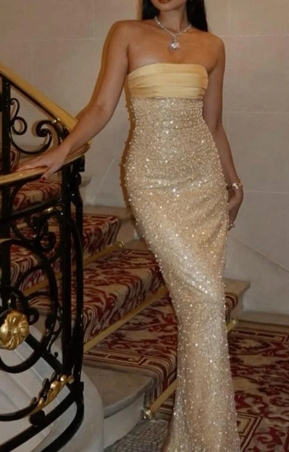 Enchanting Shiny Sequin Strapless Sheath Long Prom Dress Evening Dress DP6332