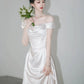 Robe de mariée trapèze élégante en satin, style rétro, épaules dénudées, longueur au sol, DP6114