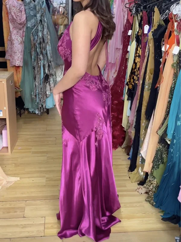 Enchanting V-neck Embroidery Spaghetti Strap Satin Mermaid Prom Dress Evening Dress DP6327
