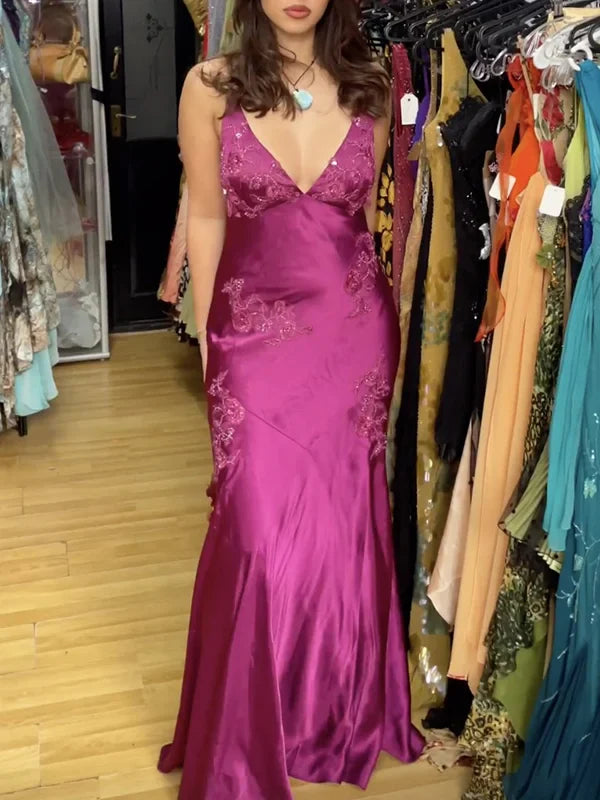 Enchanting V-neck Embroidery Spaghetti Strap Satin Mermaid Prom Dress Evening Dress DP6327