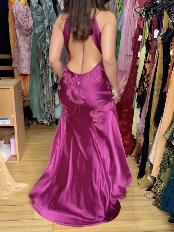 Enchanting V-neck Embroidery Spaghetti Strap Satin Mermaid Prom Dress Evening Dress DP6327