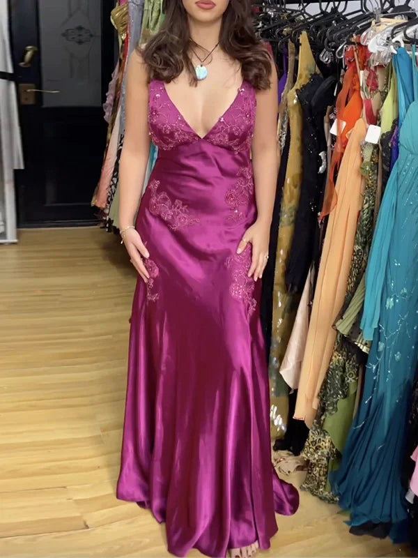 Enchanting V-neck Embroidery Spaghetti Strap Satin Mermaid Prom Dress Evening Dress DP6327
