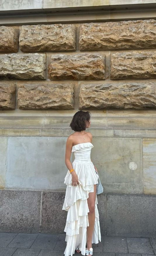Enchanting White Strapless Ruffles High Slit Long Prom Dress Evening Dress DP6335