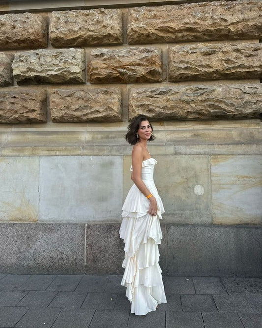 Enchanting White Strapless Ruffles High Slit Long Prom Dress Evening Dress DP6335