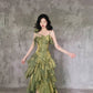 Retro Spaghetti Strap Irregular Ruffled Detachable Rose Design Elegant Satin Evening Dress Prom Dress DP6112