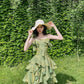 Retro Spaghetti Strap Irregular Ruffled Detachable Rose Design Elegant Satin Evening Dress Prom Dress DP6112