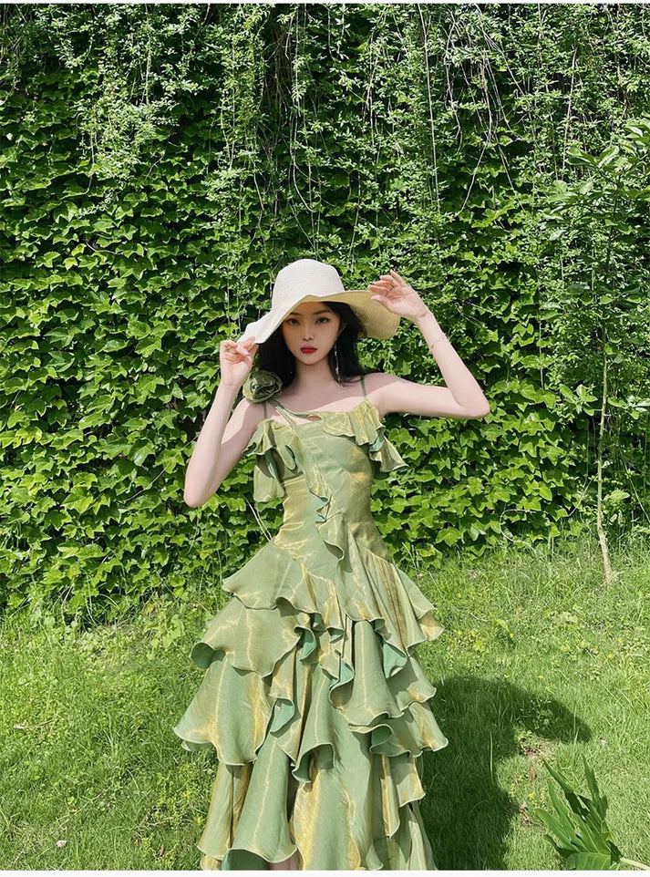 Retro Spaghetti Strap Irregular Ruffled Detachable Rose Design Elegant Satin Evening Dress Prom Dress DP6112