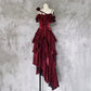 Retro Spaghetti Strap Irregular Ruffled Detachable Rose Design Elegant Satin Evening Dress Prom Dress DP6112