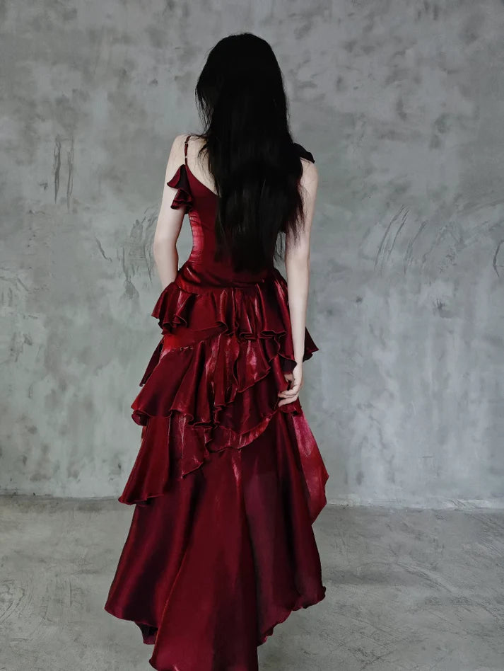 Retro Spaghetti Strap Irregular Ruffled Detachable Rose Design Elegant Satin Evening Dress Prom Dress DP6112
