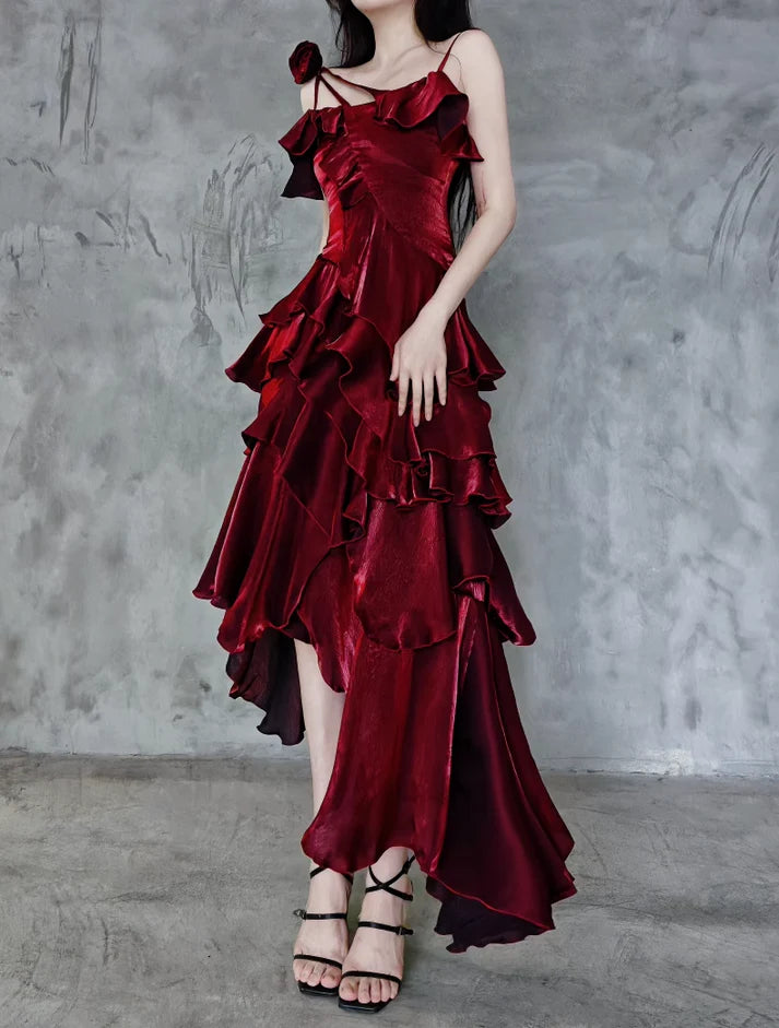 Retro Spaghetti Strap Irregular Ruffled Detachable Rose Design Elegant Satin Evening Dress Prom Dress DP6112
