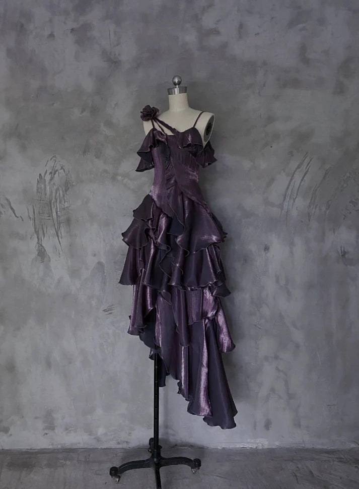 Retro Spaghetti Strap Irregular Ruffled Detachable Rose Design Elegant Satin Evening Dress Prom Dress DP6112
