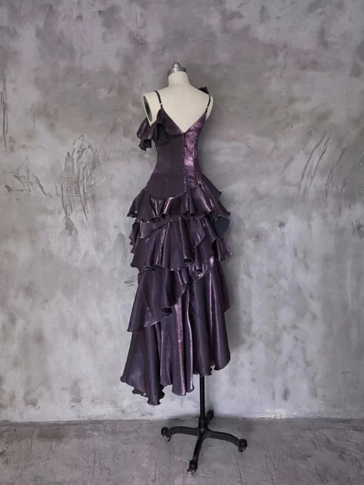 Retro Spaghetti Strap Irregular Ruffled Detachable Rose Design Elegant Satin Evening Dress Prom Dress DP6112