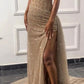 Enchanting Shiny Champagne Beaded Strapless Slit Prom Dress Evening Dress DP6322
