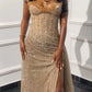 Enchanting Shiny Champagne Beaded Strapless Slit Prom Dress Evening Dress DP6322