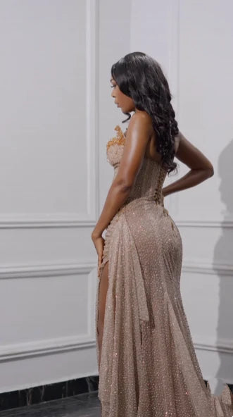 Enchanting Shiny Champagne Beaded Strapless Slit Prom Dress Evening Dress DP6322