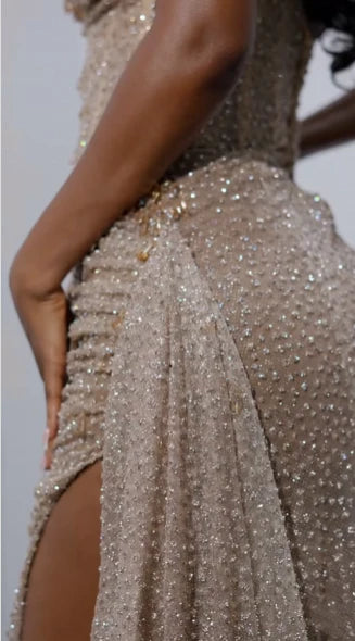 Enchanting Shiny Champagne Beaded Strapless Slit Prom Dress Evening Dress DP6322